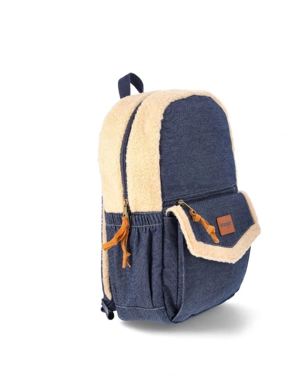 Wrangler navy denim backpack with cream sherpa trim